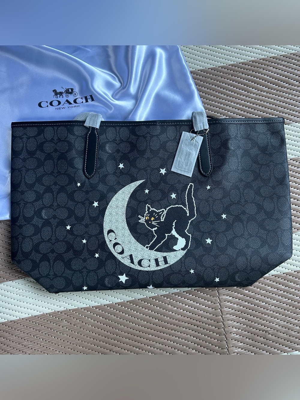 Coach Black Signature Canvas City Tote with Silver Moon & Cat Graphic CW451